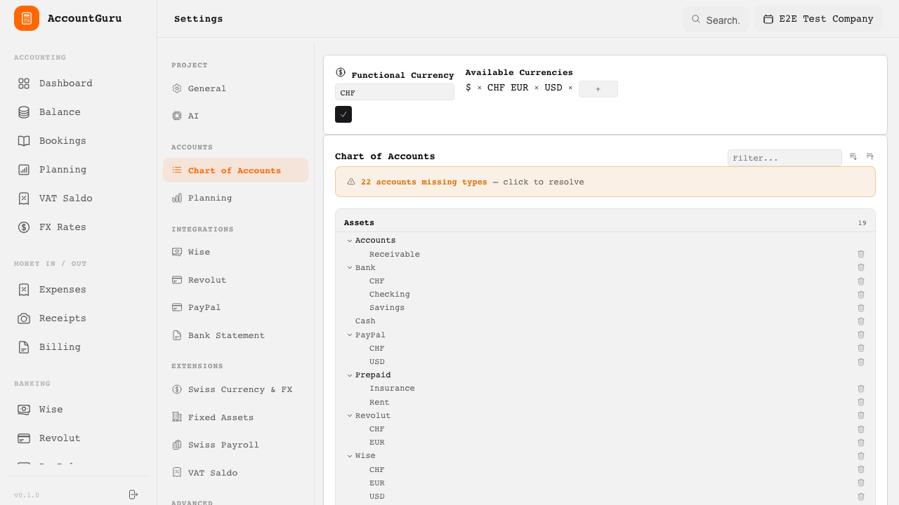 Chart of Accounts Settings